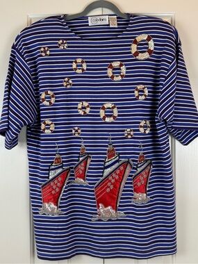 Vintage 90s Cedars Striped Embellished Nautical Shirt